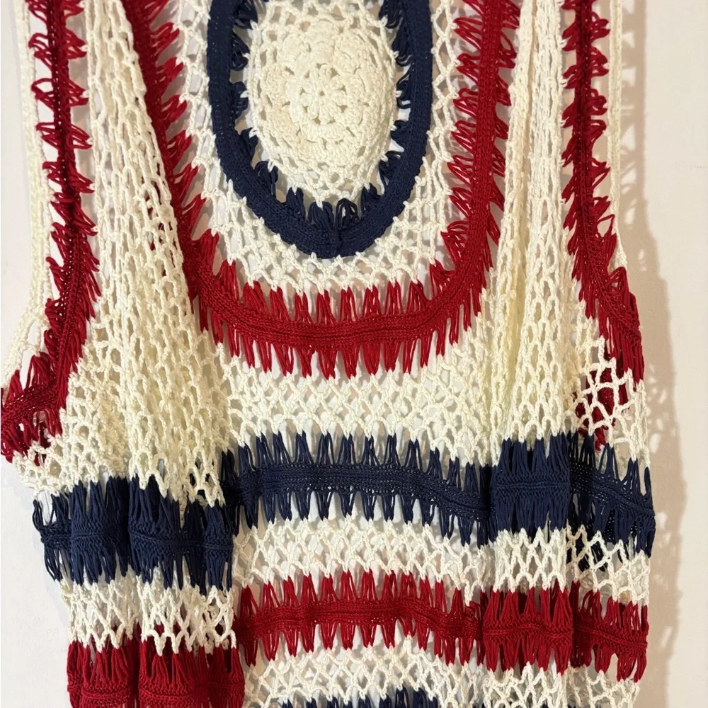 Frazzle Women’s XL Open Front Sleeveless Shirt Crocheted Fringe Patriotic Summer - Picture 2 of 6